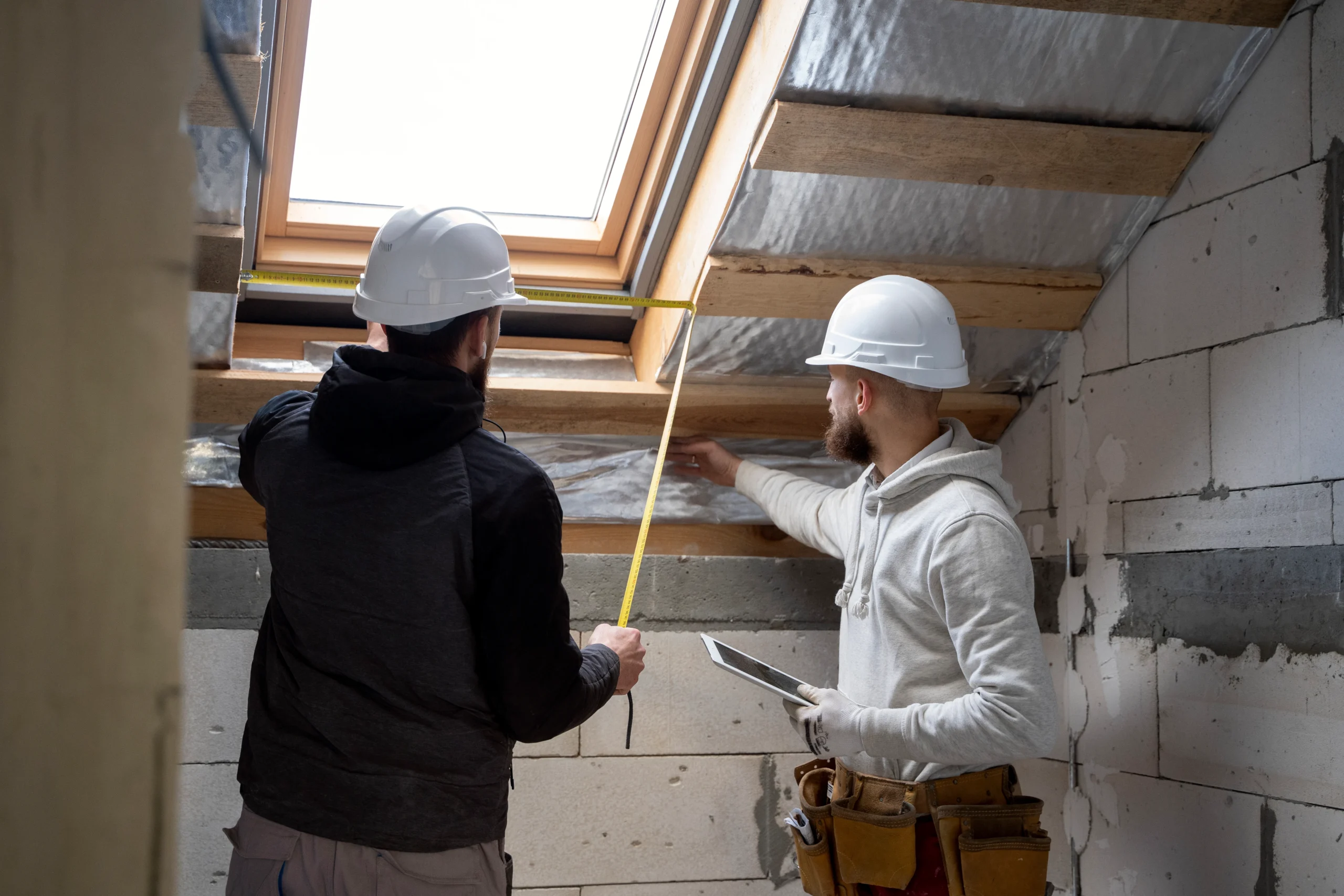 Dos trabajadores midiendo para la instalación de un sistema de aislamiento en un proyecto residencial.